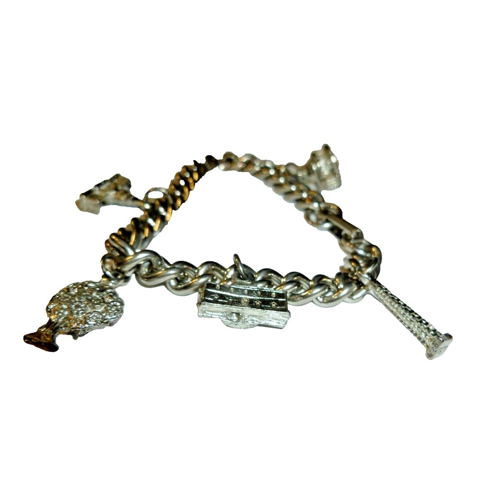 Vintage Silver Tone Curb Link Charm Bracelet 5 Charms Tree Building Monument 7in